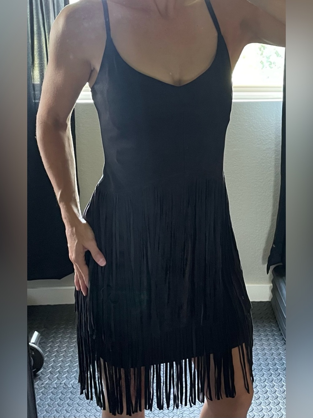 Jessica Simpson Black Suede Fringe Slip Dress with Spaghetti Straps